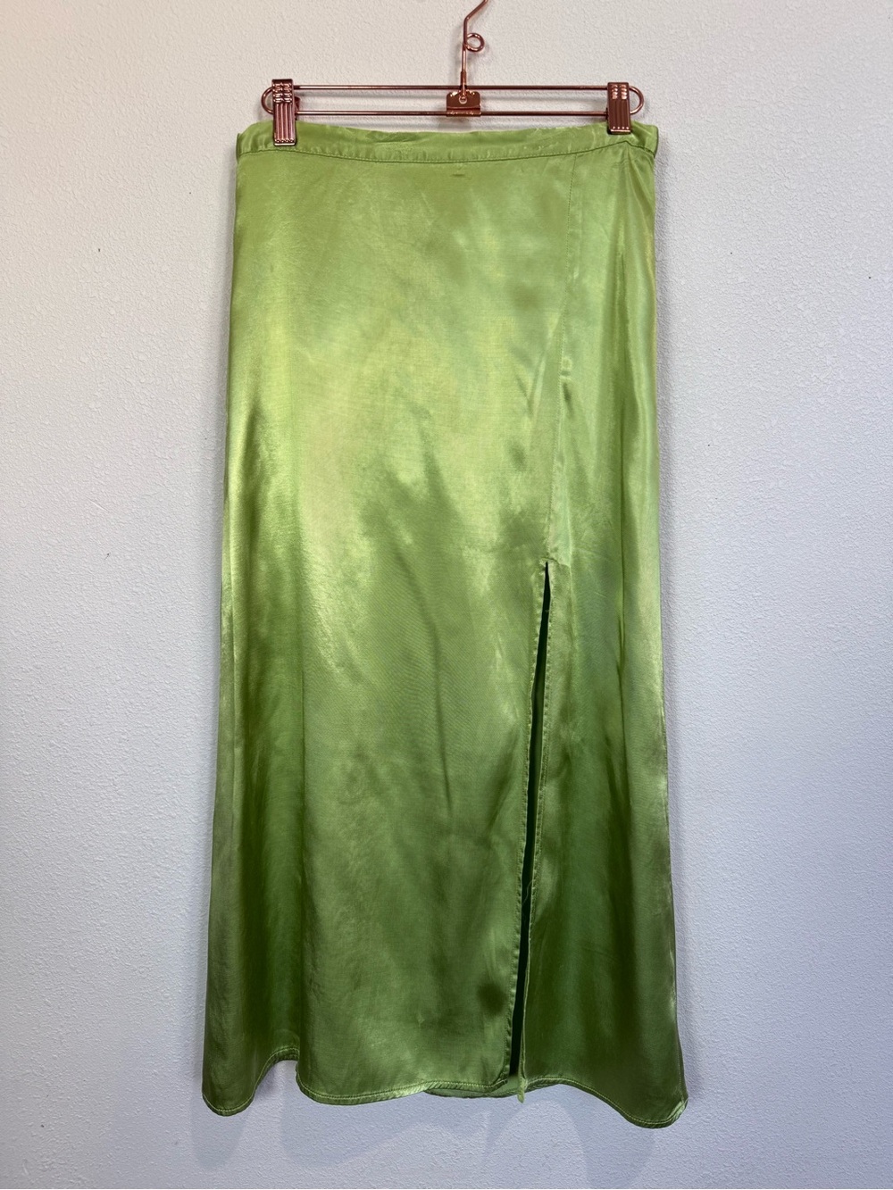 Y2K Lime Green Satin Slip Midi Skirt Bias Cut Slit Skirt Size 6 - Picture 6 of 6